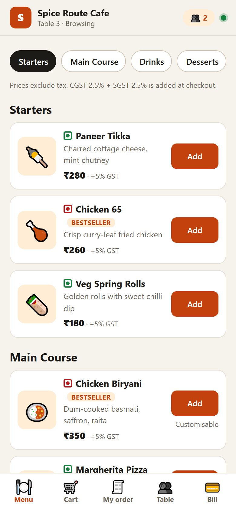 The guest menu on a phone after scanning the table's QR code