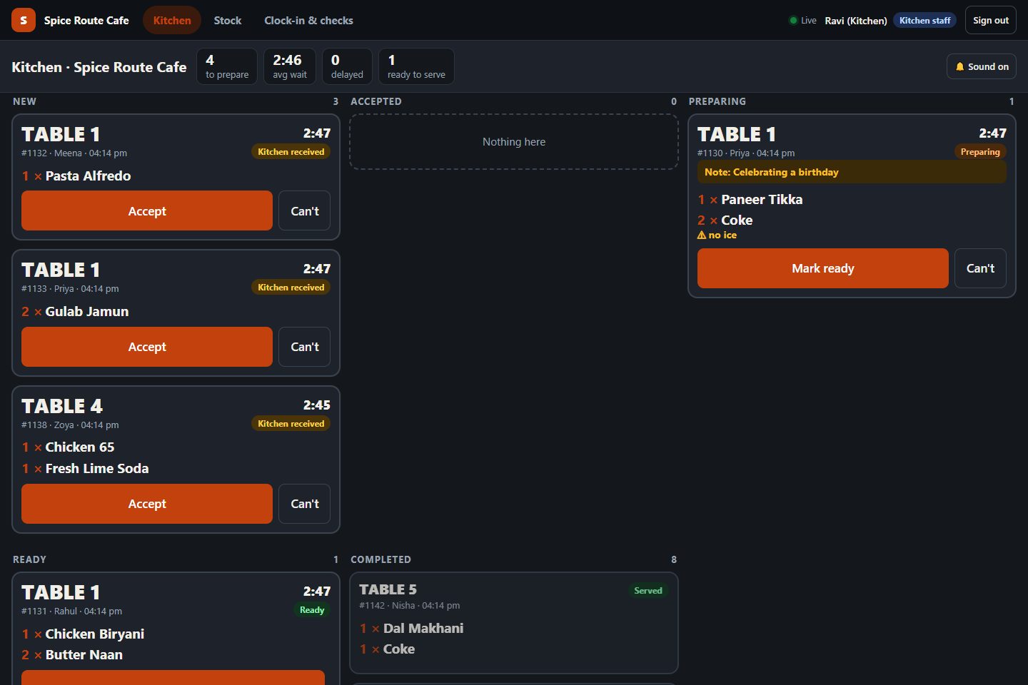 The kitchen display showing live orders by table